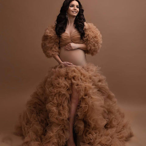 Elegante vestido de maternidad de tul, vestido de maternidad color champán, vestidos de maternidad de tul para sesión de fotos, bata, vestidos formales para embarazadas