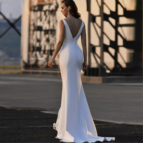 Robe de mariée sirène sexy sans bretelles, robe de mariée simple en satin sans manches, élégante robe de plage dos nu à col en V, Vestido De Novia 