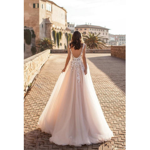 Vestidos de novia para boda en la playa, mujer sexy, escote en V grande, estampado floral 3D, tul, sin mangas, vestidos de novia, vestido de novia, robe maríée