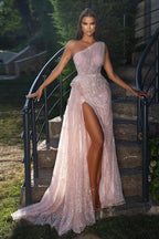 Pink One Shoulder Mermaid Evening Dress Long Split With Sequins Beads