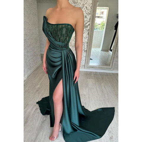 Robe de bal longue en satin vert illusion, sans bretelles, avec traîne 