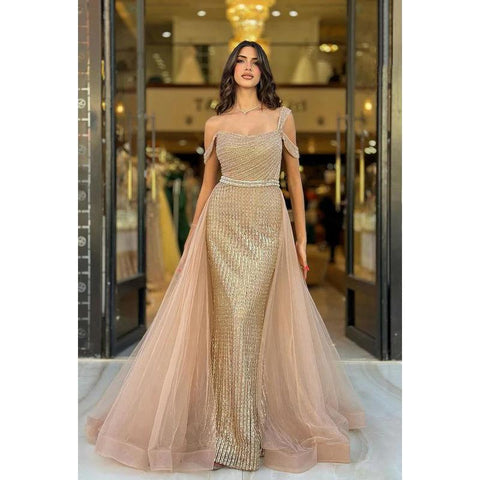 Robe de soirée asymétrique sexy et chaude, entièrement perlée, avec superposition