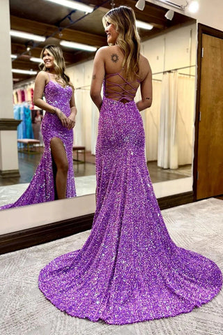 Robe de bal longue sirène violette à sequins et dos croisé