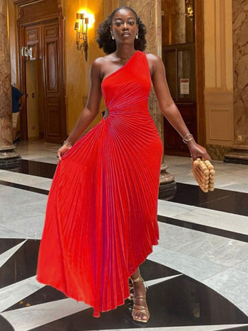 Robe trapèze plissée sans manches à taille roulée, sans manches, à une épaule, sexy, style bal de promo et soirée.