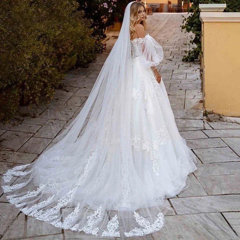Robe de mariée princesse en tulle illusion, manches bouffantes, épaules dénudées, décolleté en cœur, appliques en dentelle, vestidos de noiva 