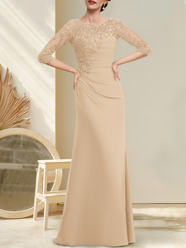Vestido de corte A, escote redondo, largo hasta el suelo, de gasa, encaje, con cuentas, lentejuelas plisadas, para la madre de la novia.