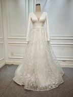 Vestido de novia de playa elegante, corte en A, manga larga y escote en V WD551