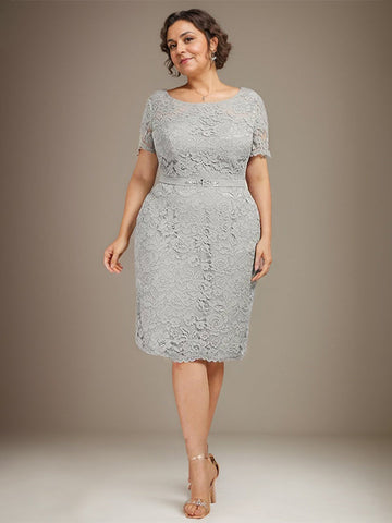 Robe fourreau/colonne en mousseline de soie et dentelle, longueur genou, ornée de perles, pour la mère de la mariée 