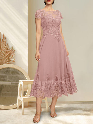 A-line Illusion Scoop Tea-Length Lace Chiffon Mother of the Bride Dress With Sequins