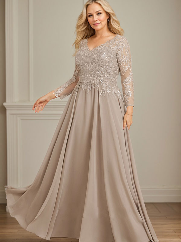 Robe de mère de la mariée en mousseline de dentelle, coupe trapèze, col en V, longueur au sol, ornée de sequins 