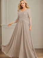 Robe de mère de la mariée en mousseline de dentelle, coupe trapèze, col en V, longueur au sol, ornée de sequins 