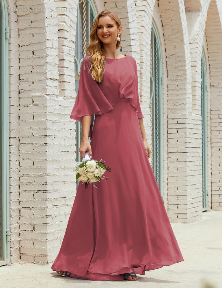 Vestido de dama de honor Sunderly para mujer, manga larga, cuello en V, de gasa, vestido formal de fiesta de boda SY28018
