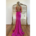 Robe de bal longue à bretelles spaghetti et paillettes orange avec fente