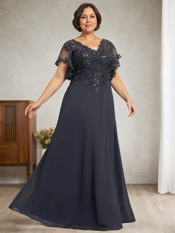 Vestido de novia de corte A, escote en V, largo hasta el suelo, de gasa de encaje con lentejuelas para la madre de la novia 
