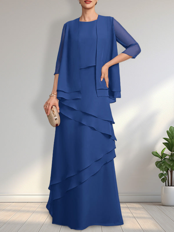 Vestido de gasa de corte recto y escote redondo hasta el suelo para la madre de la novia