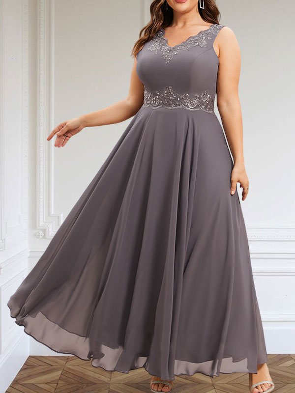 Vestido de corte A, escote en V, largo hasta el tobillo, de gasa, para la madre de la novia, con apliques de lentejuelas, encaje y pedrería.