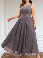Vestido de corte A, escote en V, largo hasta el tobillo, de gasa, para la madre de la novia, con apliques de lentejuelas, encaje y pedrería.