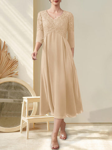 A-line V-Neck Tea-Length Chiffon Lace Mother of the Bride Dress With Beading
