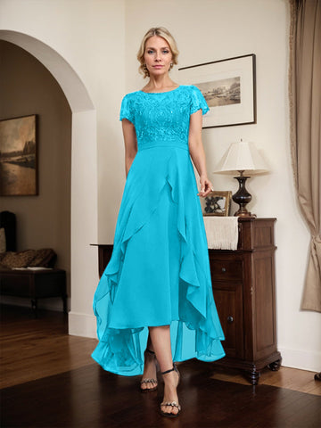 A-line Scoop Illusion Asymmetrical Chiffon Lace Mother of the Bride Dress With Bow Ruffle Sequins