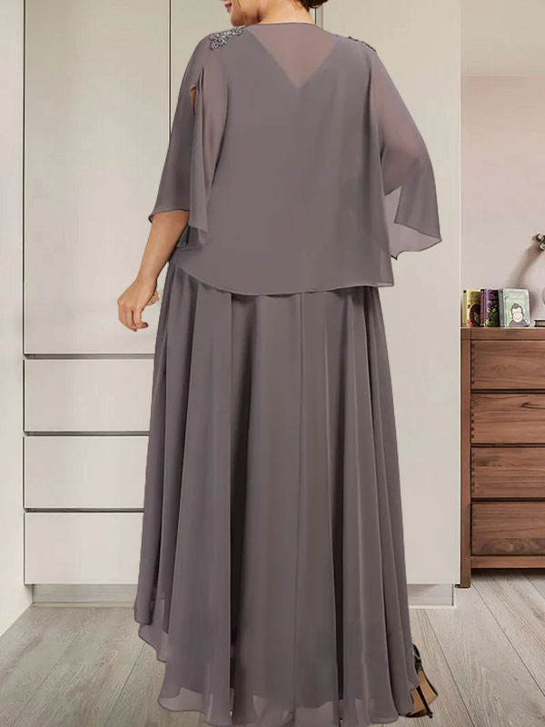 Vestido de corte A, escote en V, asimétrico, de gasa, para la madre de la novia, con lentejuelas y pedrería.