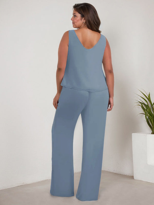 Tailleur-pantalon en mousseline à manches longues et col rond pour la mère de la mariée, avec veste 