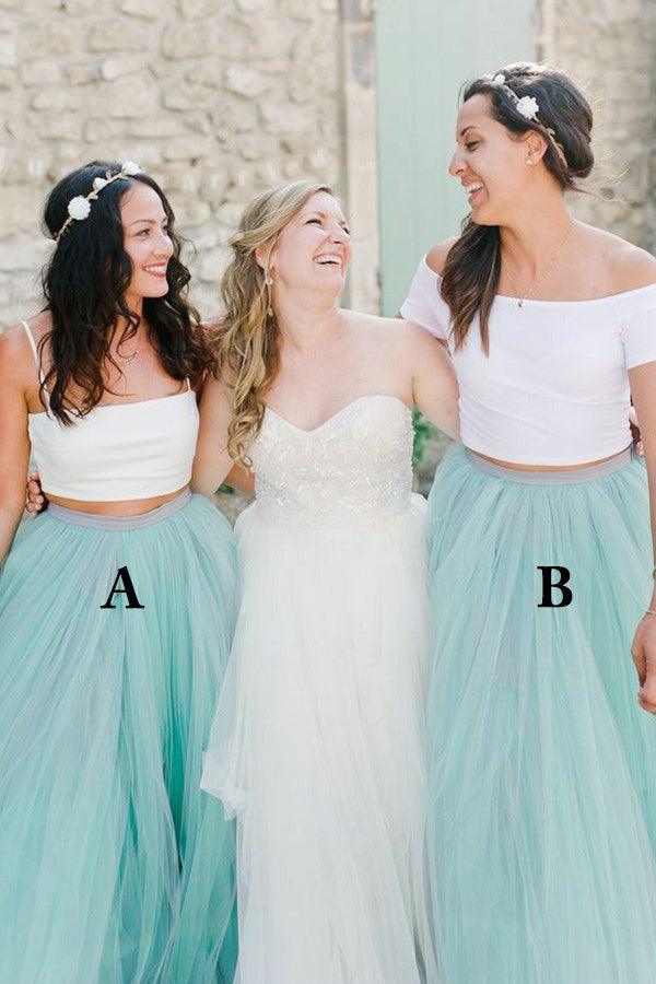 Robe de demoiselle d'honneur deux pièces en tulle menthe à fines bretelles et traîne balayée BD082