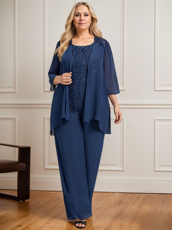 Vestido de novia de gasa con encaje y lentejuelas, estilo mono/pantalón, largo hasta el suelo, con escote redondo.