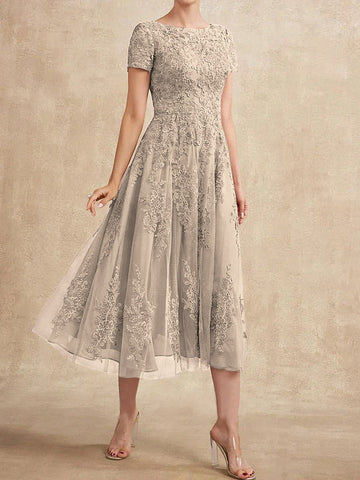 A-line Scoop Tea-Length Tulle Lace Mother of the Bride Dress