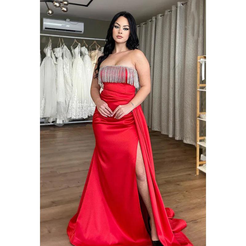 Robe de soirée sirène sexy et tendance, sans manches, épaules dénudées et fente latérale