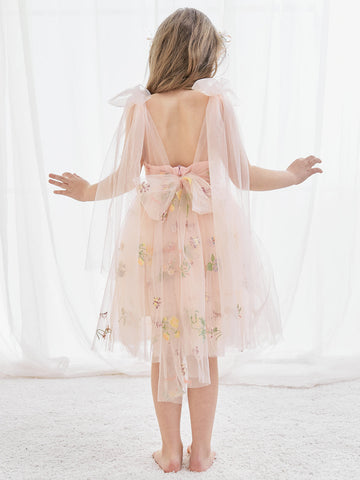 Vestido de niña pequeña de las flores, corte en A, sin mangas, de tul bordado floral. 