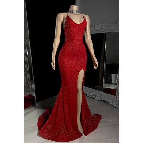 Robe de bal sirène scintillante à bretelles spaghetti pour filles noires