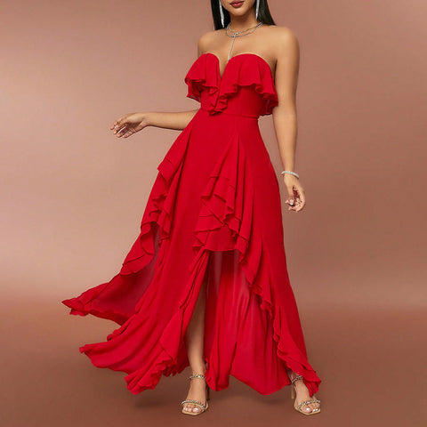 Spring Summer Women Clothing Fashionable Elegant Dress Tube Top V neck Flounce Backless Evening Dress