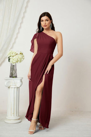 Robe de demoiselle d'honneur longue en mousseline de soie à volants et à une épaule, coupe trapèze, robe de soirée formelle fendue sur le côté, 2809
