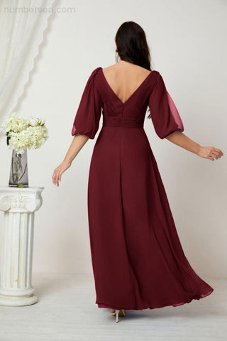 Baoleely  Formal Prom Gown Women V-Neck Chiffon Bridesmaid Dresses Long Bishop Sleeve Party Dress 2807