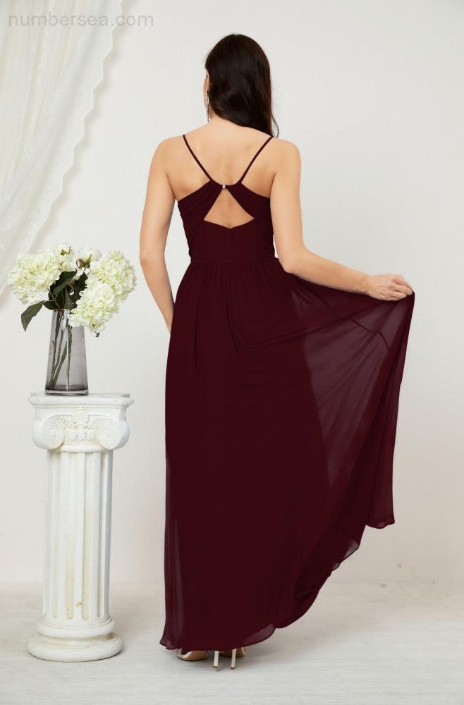 Robe de demoiselle d'honneur en mousseline de soie, longue, coupe trapèze, col en V, pour soirée de mariage, 2801 