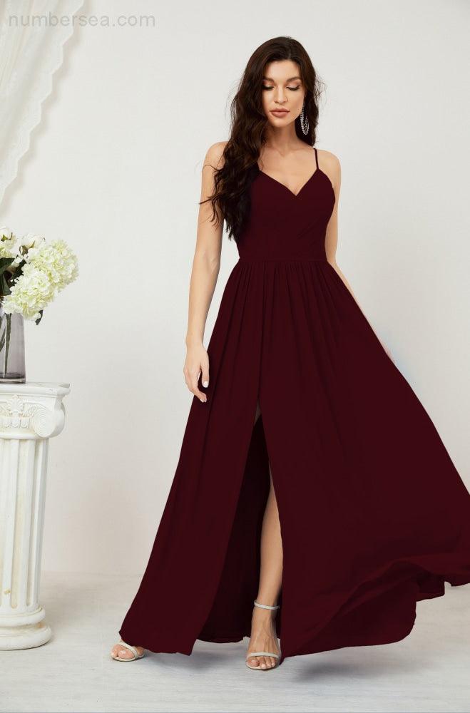 Robe de demoiselle d'honneur en mousseline de soie, longue, coupe trapèze, col en V, pour soirée de mariage, 2801 