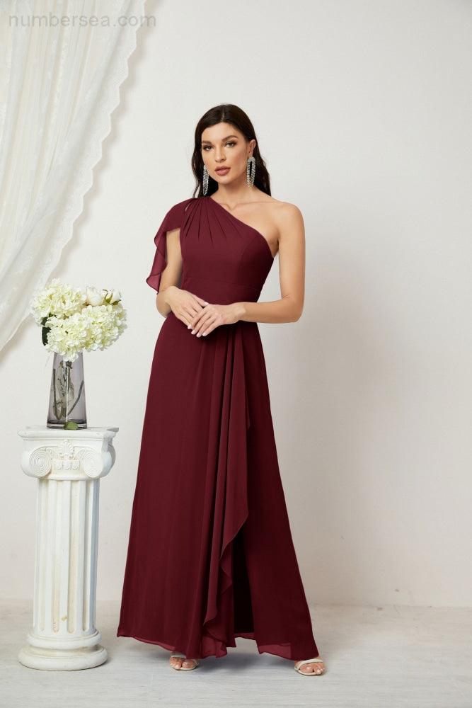 Baoleely  Chiffon Ruffled One Shoulder Long Bridesmaid Dresses A-line Formal Evening Gown Side Split 2809