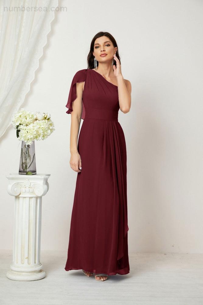 Baoleely  Chiffon Ruffled One Shoulder Long Bridesmaid Dresses A-line Formal Evening Gown Side Split 2809