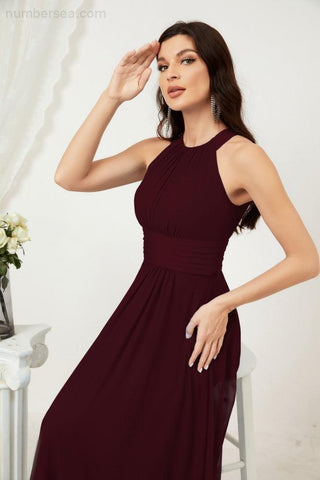 Baoleely Formal Party Gown Dress Chiffon Halter Long Sleeveless Bridesmaid Dresses 2802