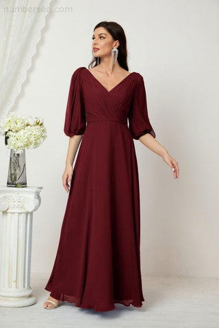Baoleely  Formal Prom Gown Women V-Neck Chiffon Bridesmaid Dresses Long Bishop Sleeve Party Dress 2807