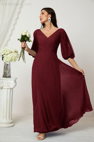 Baoleely  Formal Prom Gown Women V-Neck Chiffon Bridesmaid Dresses Long Bishop Sleeve Party Dress 2807