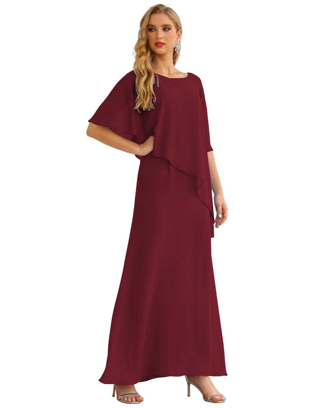 Burgundy Color Size 26 Mother of The Bride Dresses Long Cape Sleeves Formal Dress SEA28026