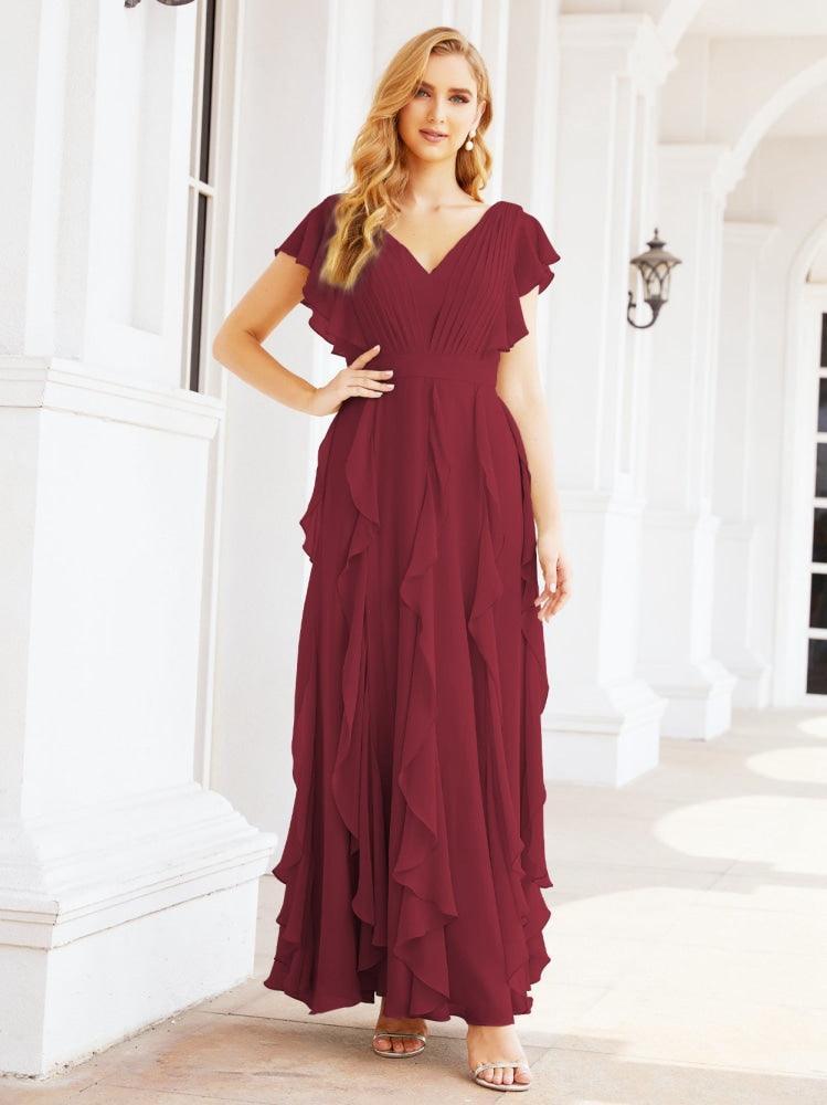 Ruffled Bridesmaid Dresses with Sleeves Long Formal Party Dress 28041