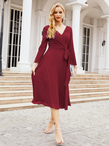 Vestido de dama de honor con espalda en V y cinturón, para la madre de la novia o invitada a la boda SY28031