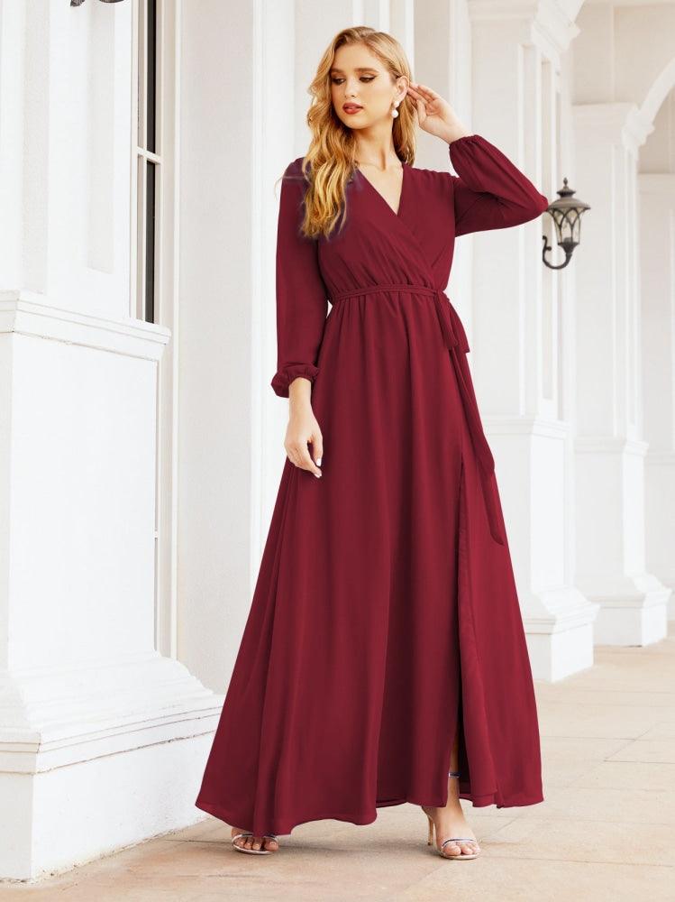 Vestido de dama de honor de gasa para mujer Sunderly, corte en A, manga larga, vestido de noche formal para invitada de boda SY28032 