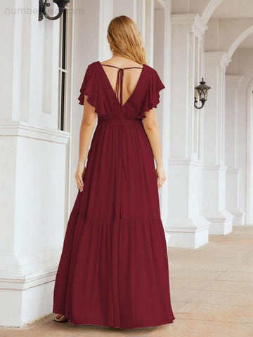 Vestido de fiesta formal de noche con espalda descubierta para mujer Baoleely, escote en V, largo, de gasa, con cinturón a la cintura 28038