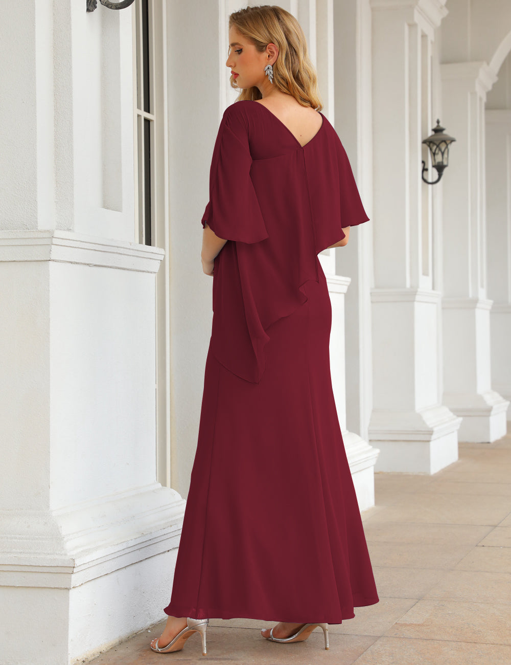 Burgundy Color Size 26 Mother of The Bride Dresses Long Cape Sleeves Formal Dress SEA28026