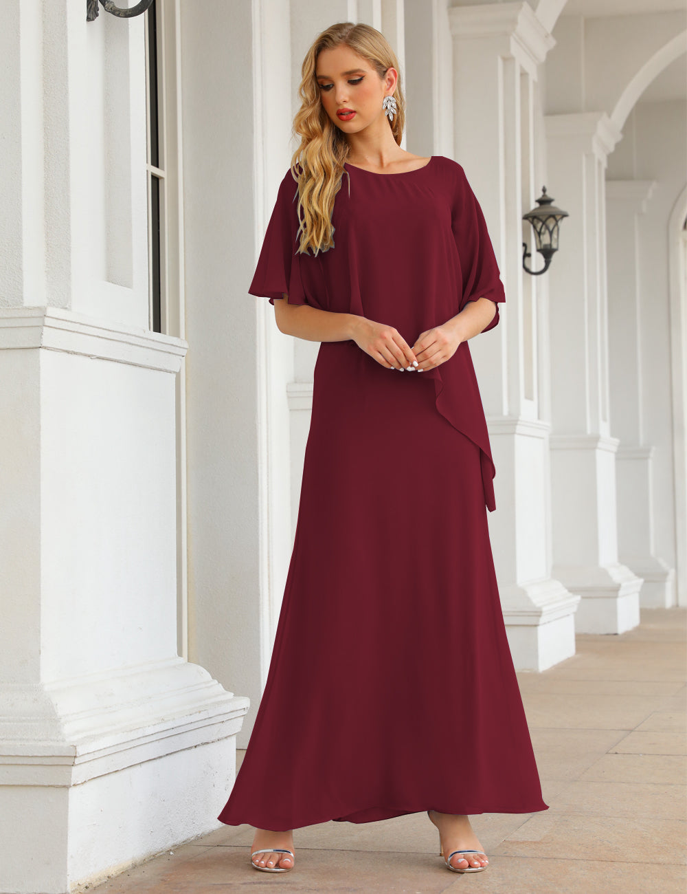 Burgundy Color Size 26 Mother of The Bride Dresses Long Cape Sleeves Formal Dress SEA28026