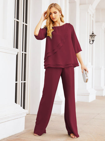 Elegante conjunto de pantalón y bata plateada de dos piezas para la madre de la novia, talla grande, con volantes, Sunderly Elegant SY28064