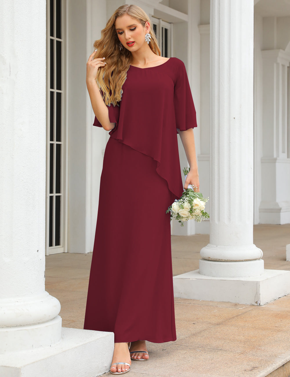 Burgundy Color Size 26 Mother of The Bride Dresses Long Cape Sleeves F – Baoleely